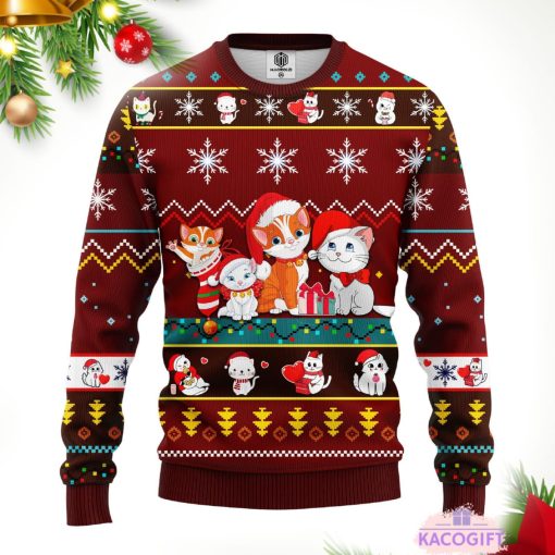 cat cartoon cute noel mc christmas red brown ugly sweater 1