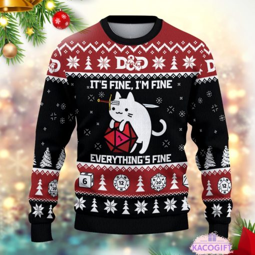 dd dragon funny cat its fine everything ugly christmas sweater 2