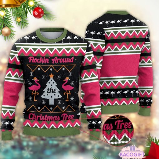 flockin around the christmas tree flamingo ugly sweater 1