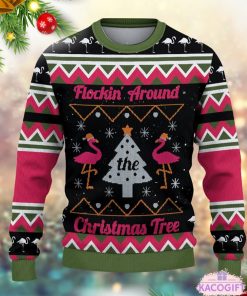 flockin around the christmas tree flamingo ugly sweater 2