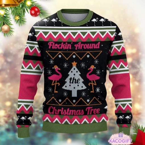 flockin around the christmas tree flamingo ugly sweater 2