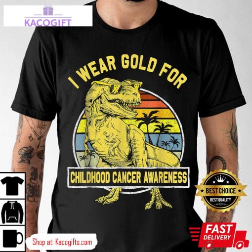 i wear gold for childhood cancer awareness dinosaur unisex shirt 1 avh45i