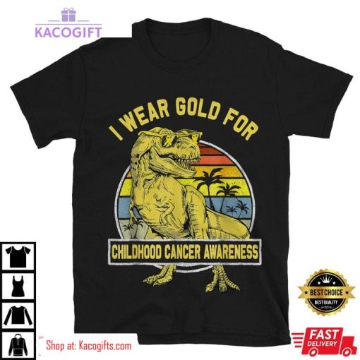 i wear gold for childhood cancer awareness dinosaur unisex shirt 3 kxpbn0