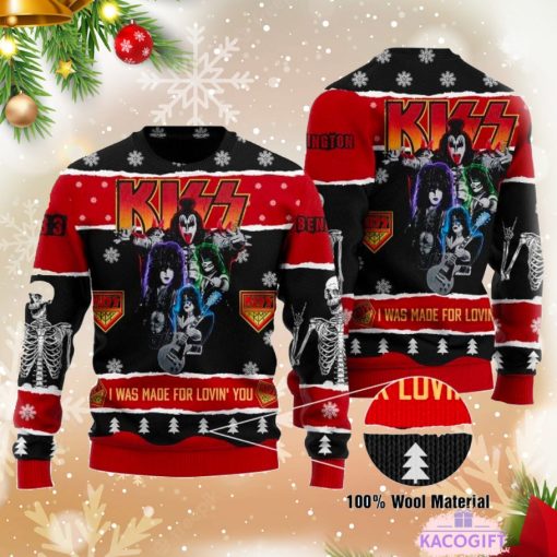 roll n rock i was made for lovin you kiss custom ugly christmas sweater 1