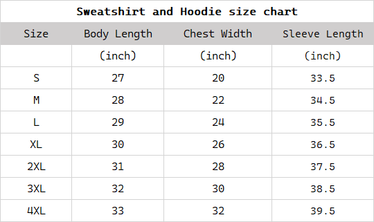 sweatshirt hoodie size chart