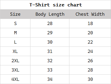 t shirt size chart