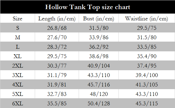 Hollow Tank Top size chart