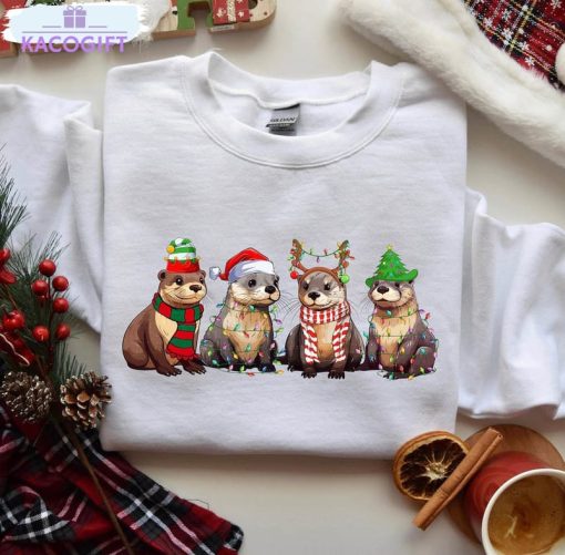 otters christmas lights shirt merry christmas short sleeve crewneck 2