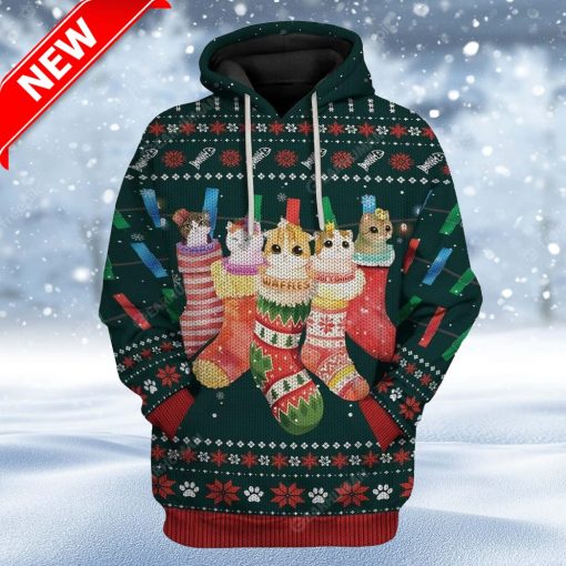 Ugly Hanging Christmas Kitten Stuffing Socks Custom Christmas Hoodie 3D Unisex