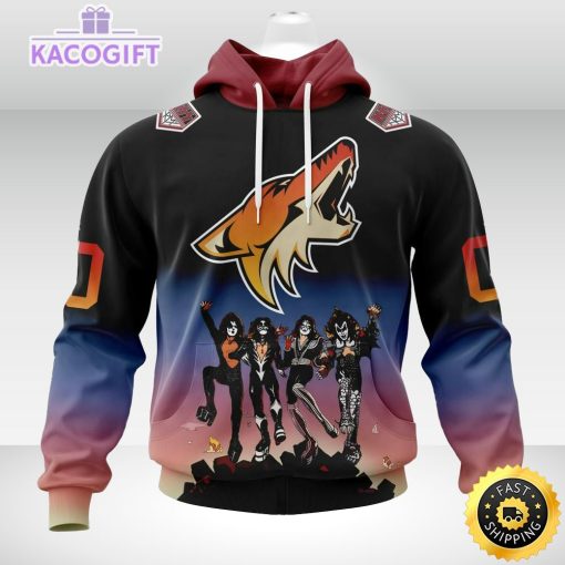 customized nhl arizona coyotes hoodie x kiss band design 3d unisex hoodie