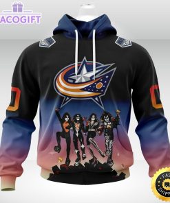 customized nhl columbus blue jackets hoodie x kiss band design 3d unisex hoodie