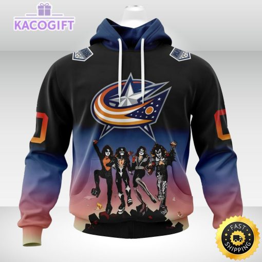 customized nhl columbus blue jackets hoodie x kiss band design 3d unisex hoodie