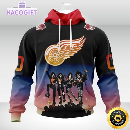 customized nhl detroit red wings hoodie x kiss band design 3d unisex hoodie