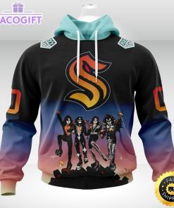 customized nhl seattle kraken hoodie x kiss band design 3d unisex hoodie