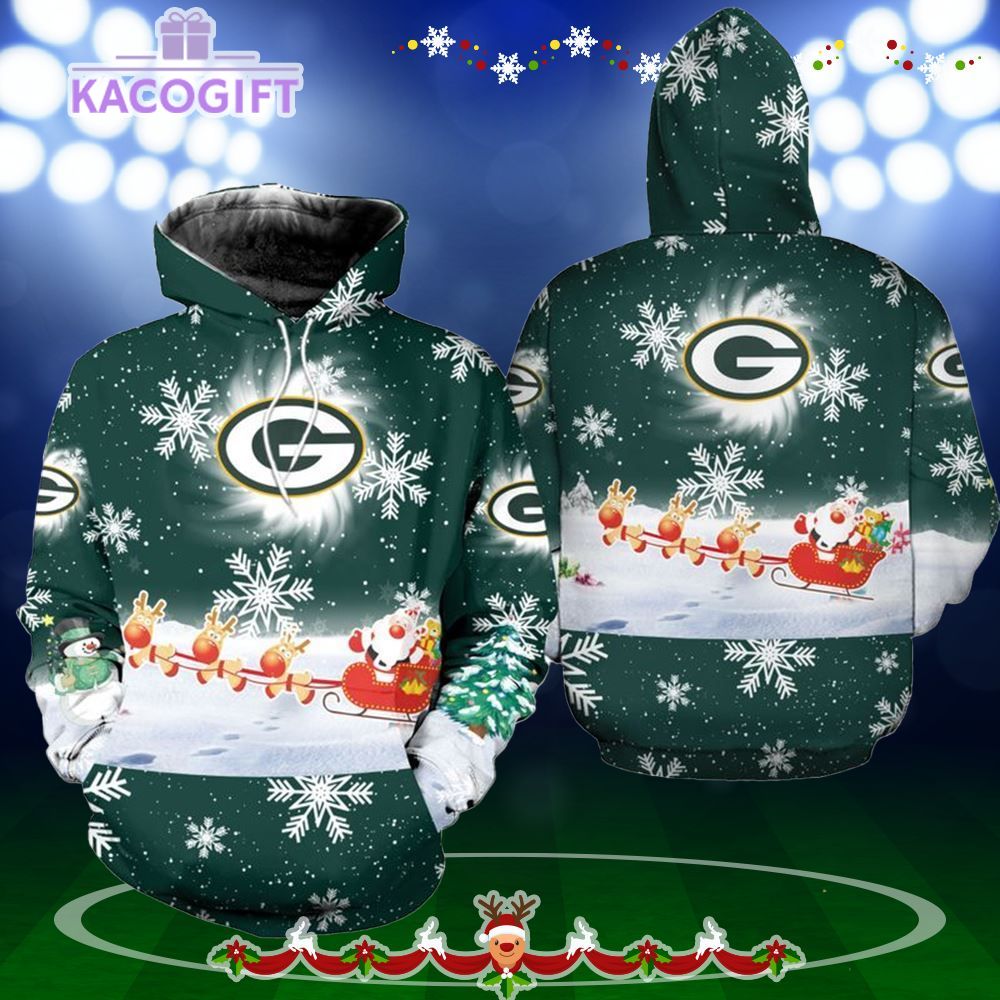 NFL Green Bay Packers Christmas Santa Claus Is Coming On Reindeer Sleigh 3D Unisex Hoodie
