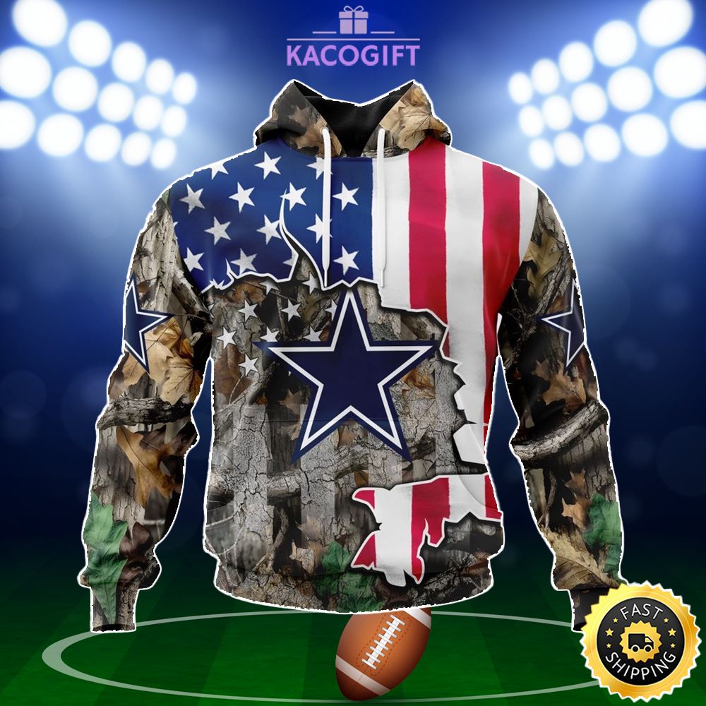 NFL Dallas Cowboys 3D Hoodie USA Flag Camo Realtree Hunting Gifts For Football Lover