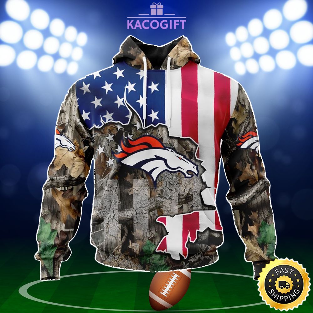 NFL Denver Broncos 3D Hoodie USA Flag Camo Realtree Hunting Gifts For Football Lover