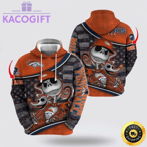 nfl denver broncos hoodie jack skellington custom name football 3d hoodie