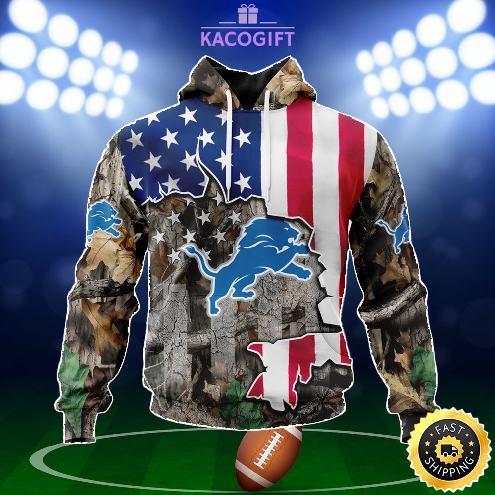 NFL Detroit Lions 3D Hoodie USA Flag Camo Realtree Hunting Gifts For Football Lover