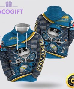 nfl los angeles chargers hoodie jack skellington custom name football 3d hoodie