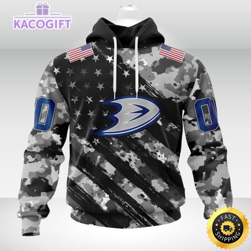 nhl anaheim ducks hoodie grey camo military design and usa flags on shoulder 1