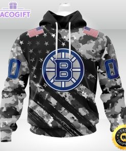 nhl boston bruins hoodie grey camo military design and usa flags on shoulder 1