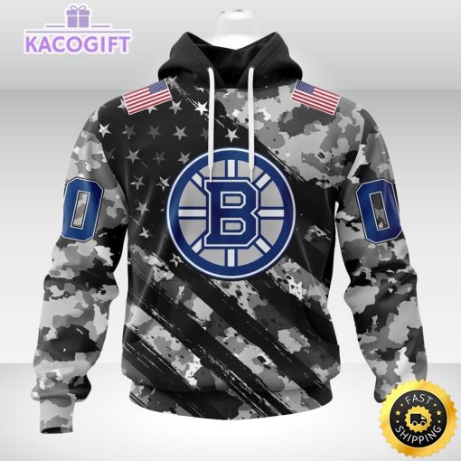 nhl boston bruins hoodie grey camo military design and usa flags on shoulder 2