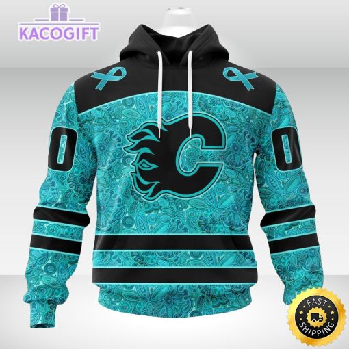 nhl calgary flames 3d unisex hoodie special design fight ovarian cancer 2