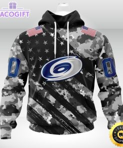 nhl carolina hurricanes hoodie grey camo military design and usa flags on shoulder 1