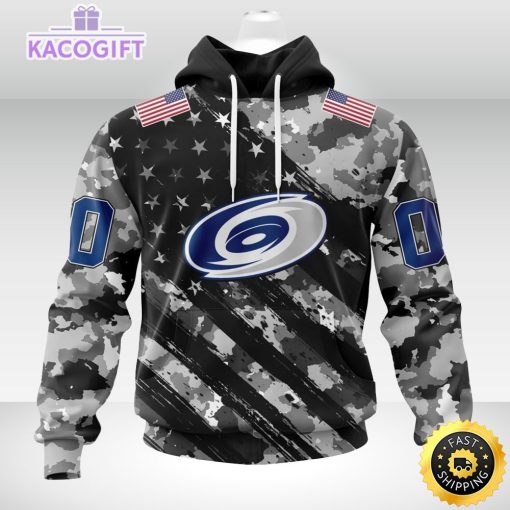 nhl carolina hurricanes hoodie grey camo military design and usa flags on shoulder 1