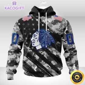 nhl chicago blackhawks hoodie grey camo military design and usa flags on shoulder