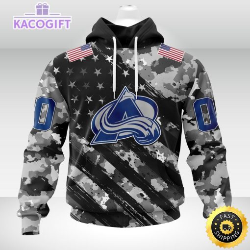 nhl colorado avalanche hoodie grey camo military design and usa flags on shoulder