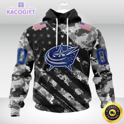 nhl columbus blue jackets hoodie grey camo military design and usa flags on shoulder 1