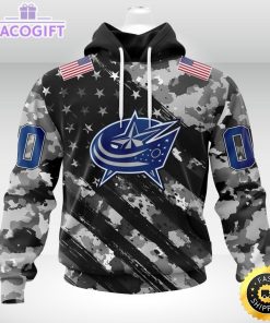 nhl columbus blue jackets hoodie grey camo military design and usa flags on shoulder 2