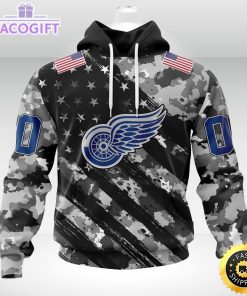 nhl detroit red wings hoodie grey camo military design and usa flags on shoulder 1