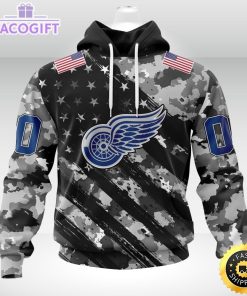 nhl detroit red wings hoodie grey camo military design and usa flags on shoulder 2