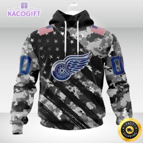 nhl detroit red wings hoodie grey camo military design and usa flags on shoulder 2