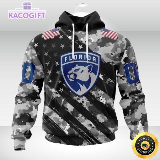 nhl florida panthers hoodie grey camo military design and usa flags on shoulder 1