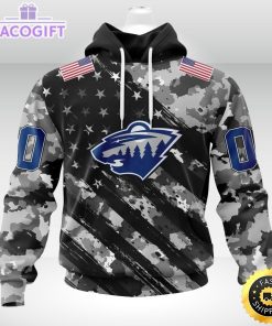 nhl minnesota wild hoodie grey camo military design and usa flags on shoulder 2