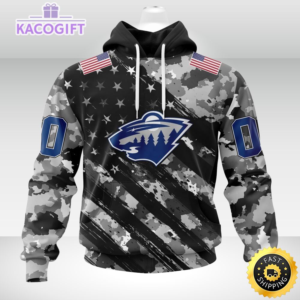 Ultimate Look for Wild Fans: Minnesota Wild Hoodie with Grey Camo Military Design and USA Flags on Shoulder