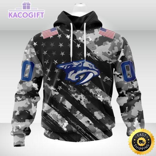 nhl nashville predators hoodie grey camo military design and usa flags on shoulder 1