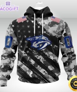 nhl nashville predators hoodie grey camo military design and usa flags on shoulder