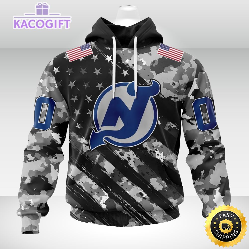 NHL New Jersey Devils Camo Military Design Hoodie with USA Flag Accents.