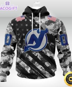 nhl new jersey devils hoodie grey camo military design and usa flags on shoulder