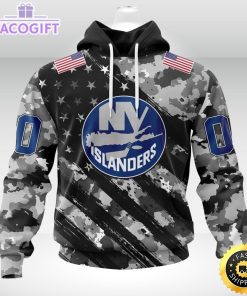 nhl new york islanders hoodie grey camo military design and usa flags on shoulder 2