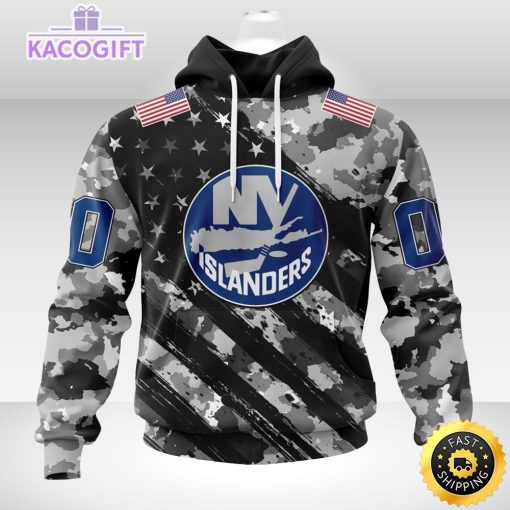 nhl new york islanders hoodie grey camo military design and usa flags on shoulder