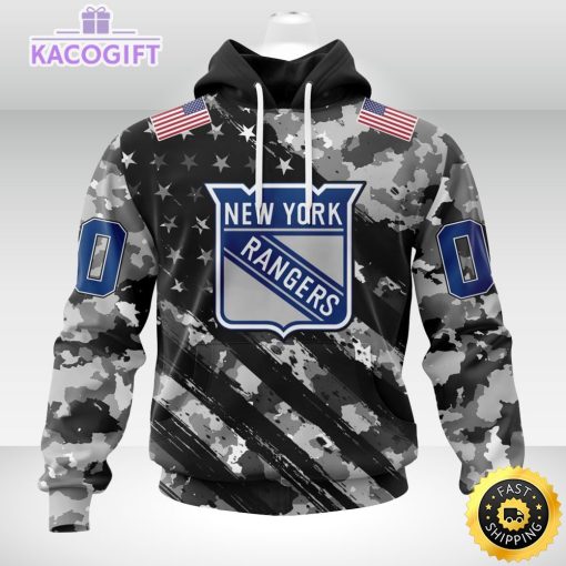 nhl new york rangers hoodie grey camo military design and usa flags on shoulder 2