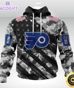 nhl philadelphia flyers hoodie grey camo military design and usa flags on shoulder 1