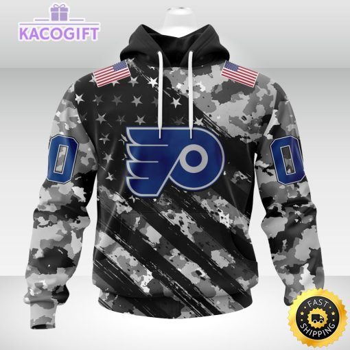 nhl philadelphia flyers hoodie grey camo military design and usa flags on shoulder