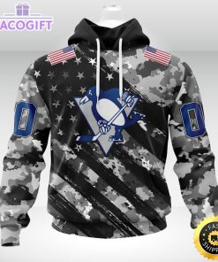 nhl pittsburgh penguins hoodie grey camo military design and usa flags on shoulder 1